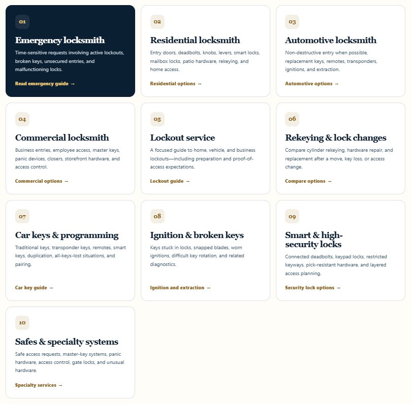 Ten dedicated locksmith service page cards