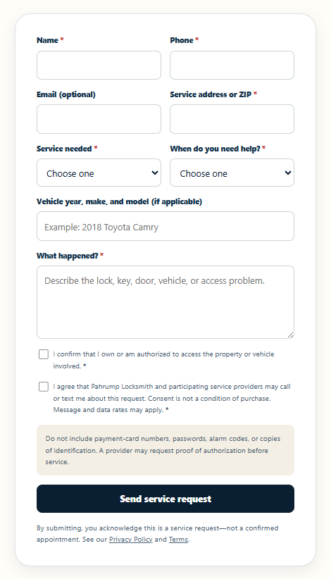 Detailed Pahrump Locksmith service request form