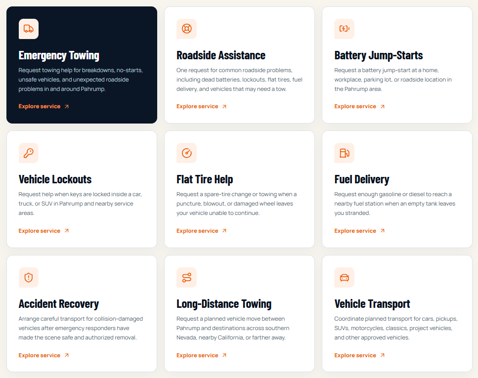 Nine dedicated towing and roadside service page cards