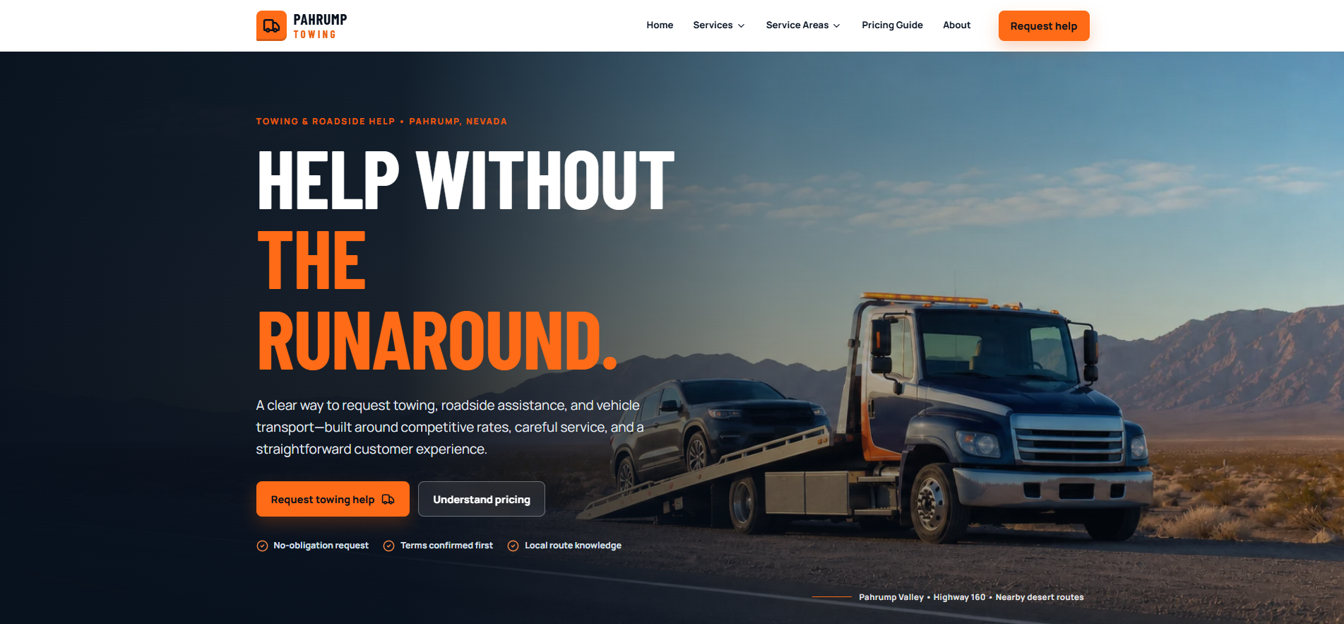 Full desktop homepage preview of the Pahrump Towing website