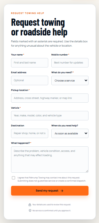 Detailed towing and roadside assistance request form