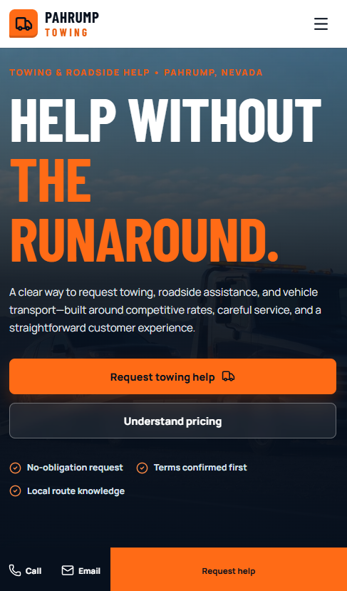 Mobile homepage design for the Pahrump Towing website